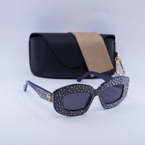 Loewe LW4114IS 90A Rectangle Sunglasses – Navy with Crystal Studs \Smoke